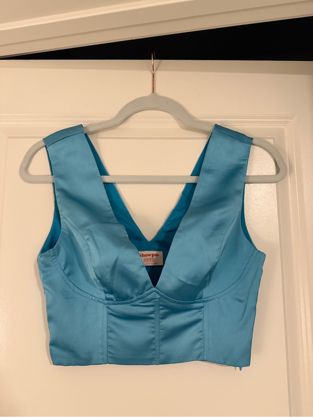 Showpo. Aqua Satin V-Neck Cropped Bustier Top